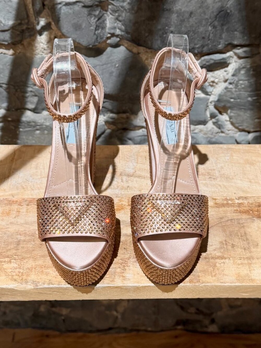 Prada Pink Crystal Triangle Logo Platform Sandals - Picture 4 of 12